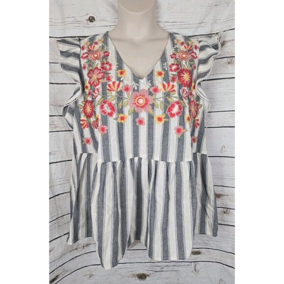 Savanna Jane Striped Embroidered Top 1X Ruffle Peplum Peasant Boho NEW Cotton - Picture 1 of 6